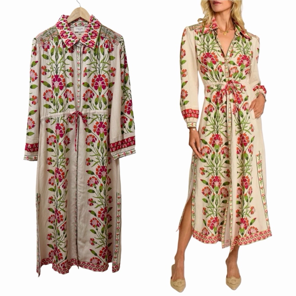 Elizabeth James The Label Lucia Floral Belted Midi Dress Size XL Linen Blend